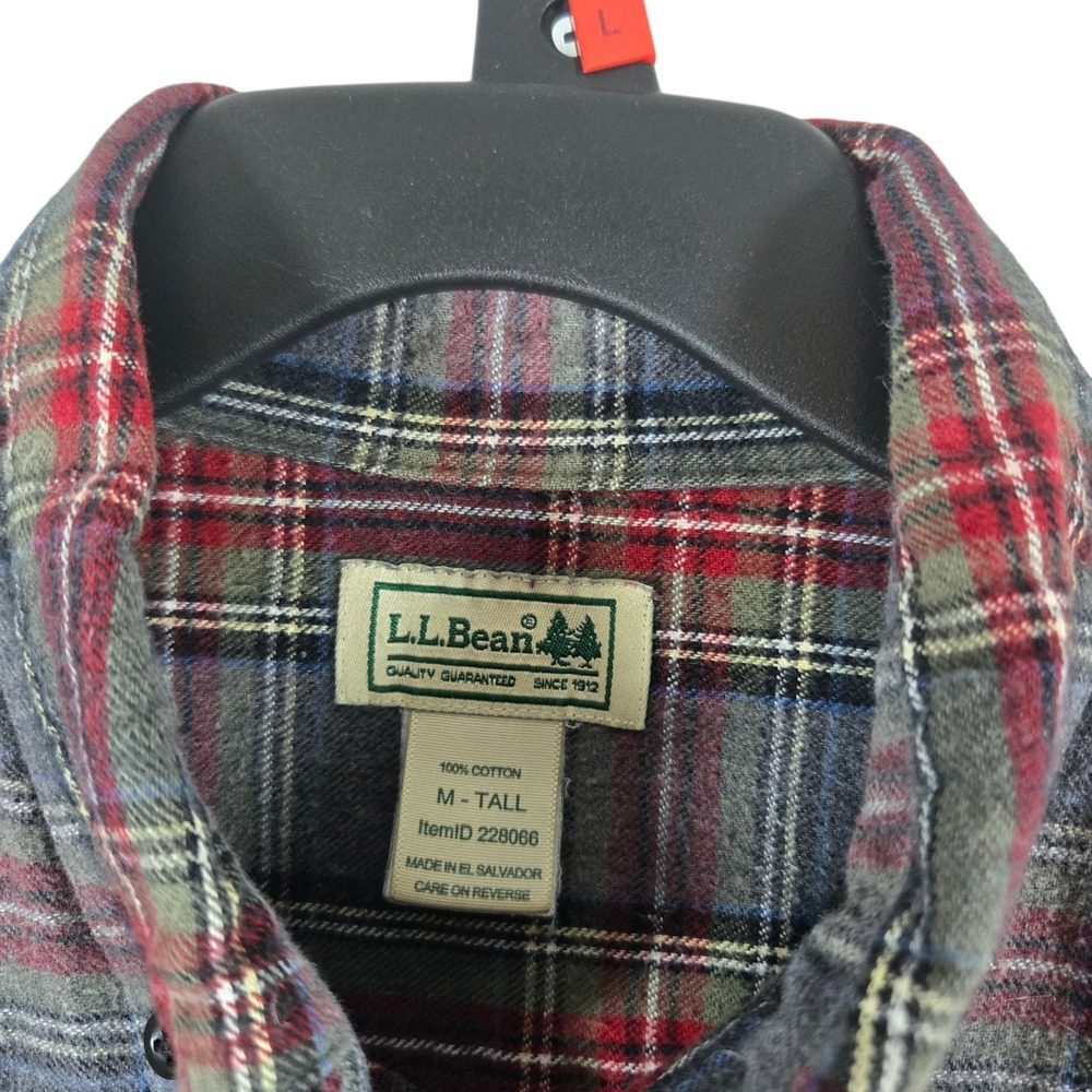L.L.Bean Scotch Plaid Flannel Shirt Mens Medium Tall MT Gray Burgundy Plaid - Picture 3 of 7